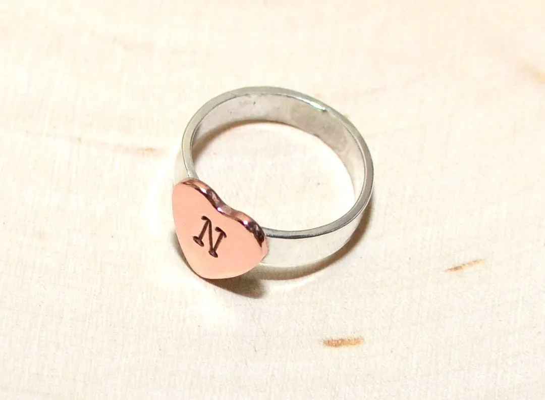 Personalized copper heart on sterling silver band