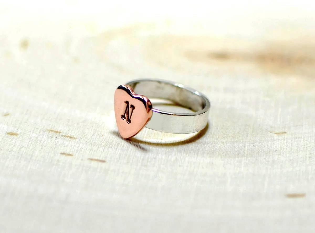 Personalized copper heart on sterling silver band
