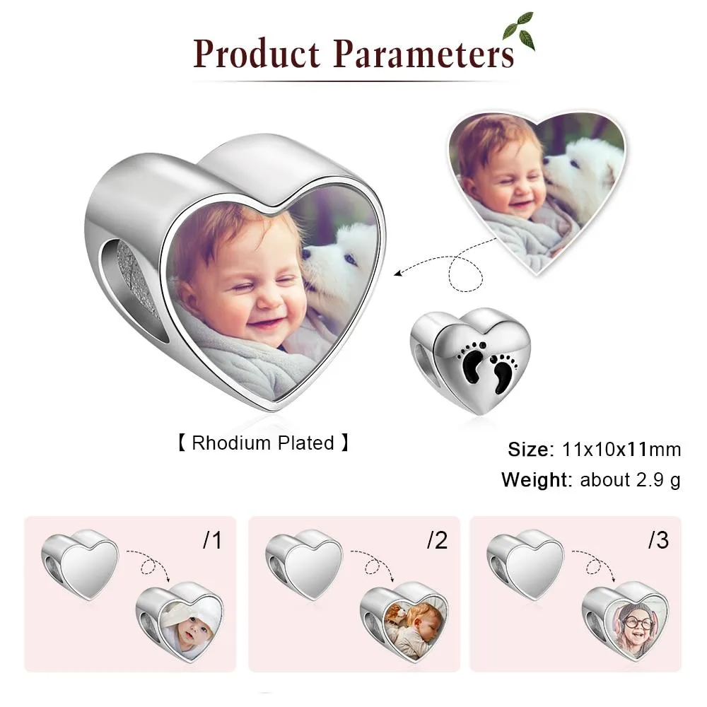 Personalized Custom Heart Shaped Charms / Beads with Baby Feet for Necklace or Bracelet, Jewelry Making Accessory