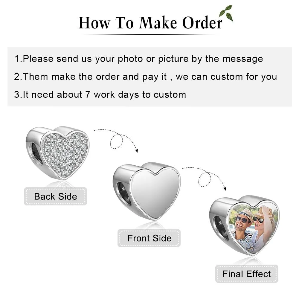 Personalized Heart Charms Photo Beads Fit DIY Bracelet with Cubic Zirconia, Custom Jewelry for Girls
