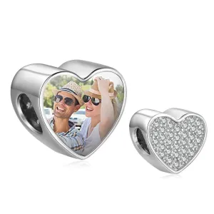 Personalized Heart Charms Photo Beads Fit DIY Bracelet with Cubic Zirconia, Custom Jewelry for Girls