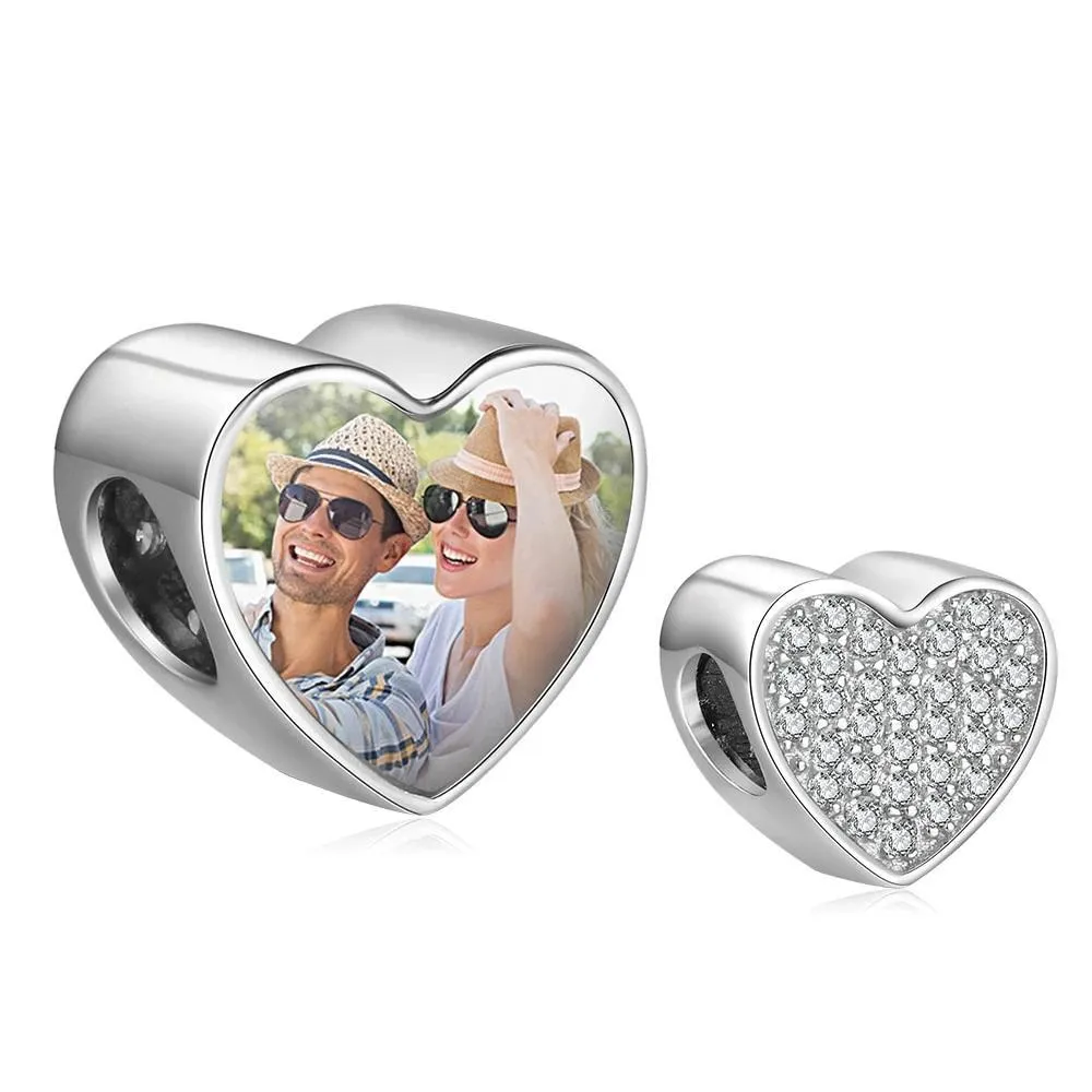Personalized Heart Charms Photo Beads Fit DIY Bracelet with Cubic Zirconia, Custom Jewelry for Girls