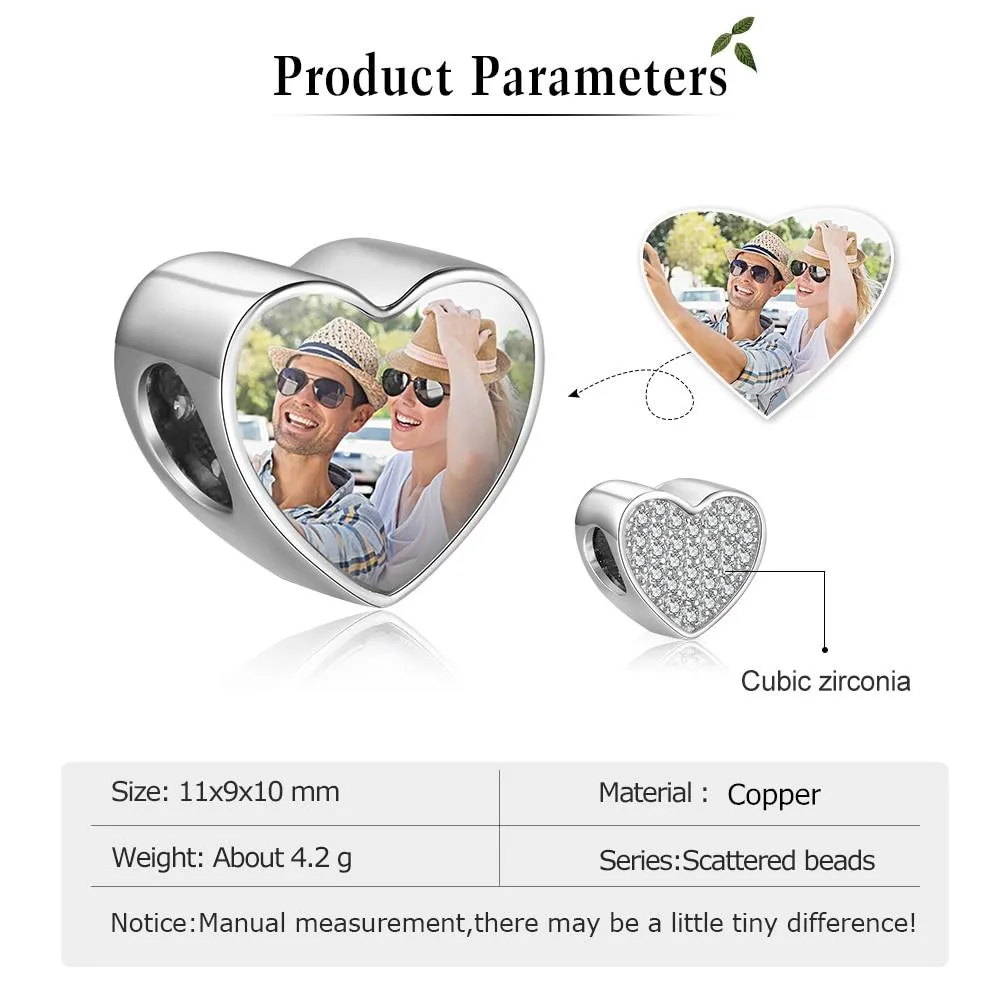 Personalized Heart Charms Photo Beads Fit DIY Bracelet with Cubic Zirconia, Custom Jewelry for Girls