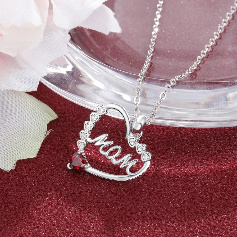 Personalized Heart Necklace with MOM Engraved & Custom Zirconia Birthstone Pendant, Jewelry gift Necklace for Mother