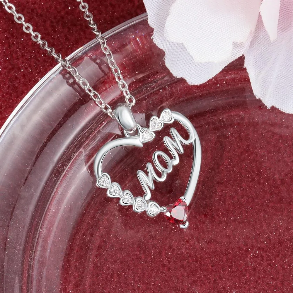 Personalized Heart Necklace with MOM Engraved & Custom Zirconia Birthstone Pendant, Jewelry gift Necklace for Mother