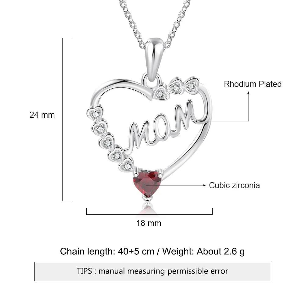 Personalized Heart Necklace with MOM Engraved & Custom Zirconia Birthstone Pendant, Jewelry gift Necklace for Mother