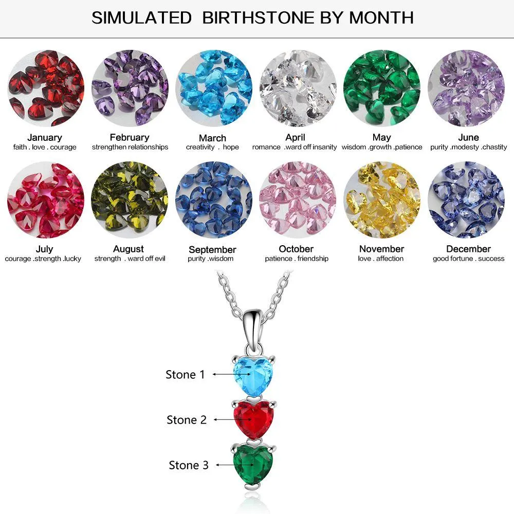 Personalized Heart Pendant Necklace - Three Custom Heart Shaped Birthstones - Customized Gift for Women