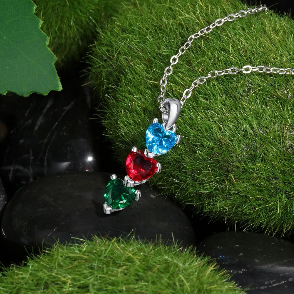 Personalized Heart Pendant Necklace - Three Custom Heart Shaped Birthstones - Customized Gift for Women