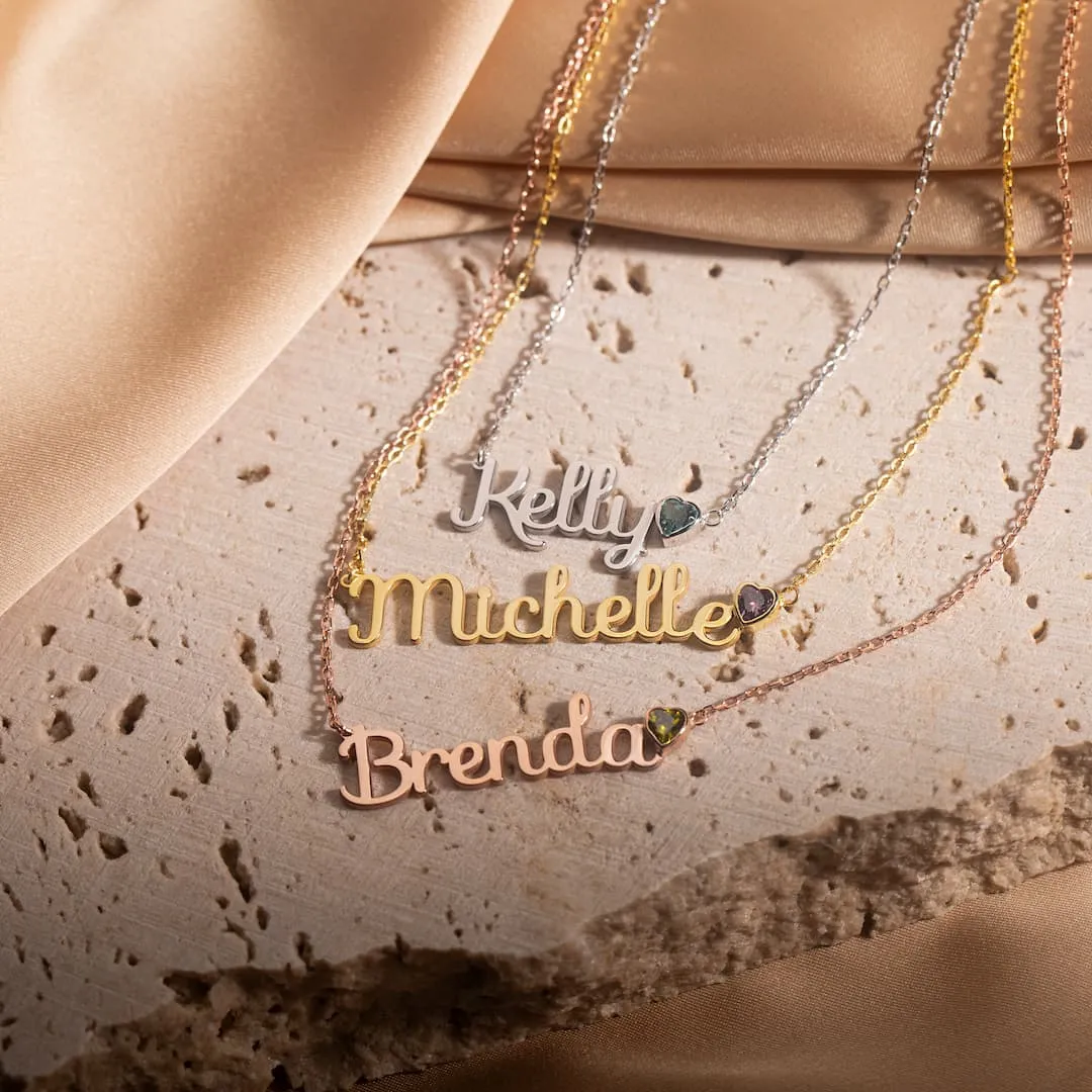 Personalized Name Necklace with Heart Birthstone