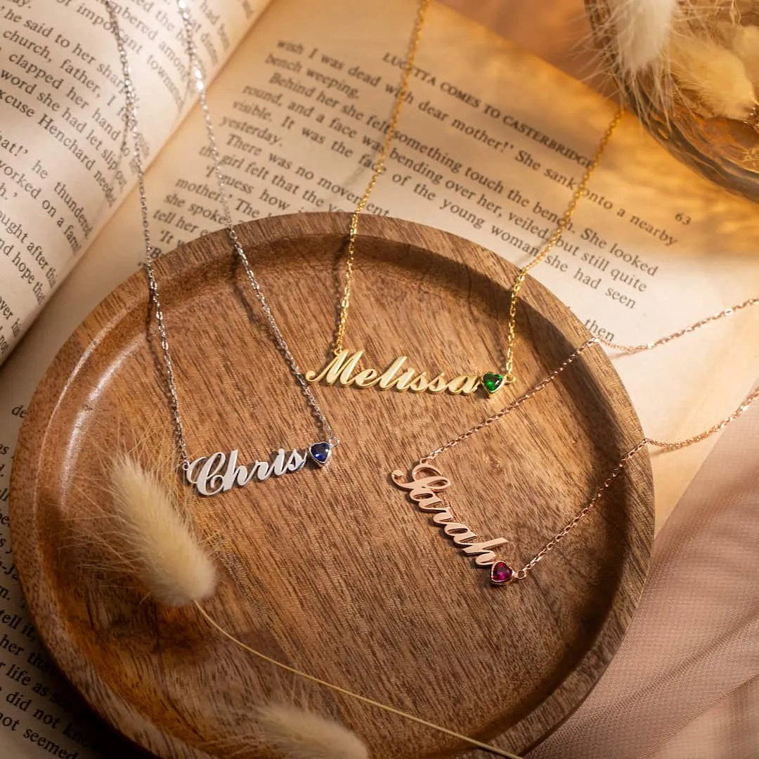 Personalized Name Necklace with Heart Birthstone