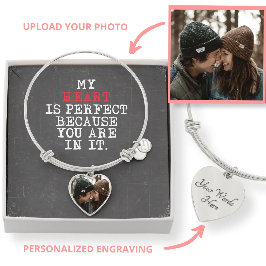 Personalized Photo Heart Pendant Bangle With Back Engraving Gift For Her - Bangle HeartM77