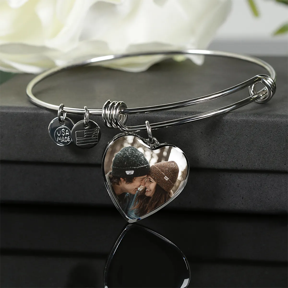 Personalized Photo Heart Pendant Bangle With Back Engraving Gift For Her - Bangle HeartM77