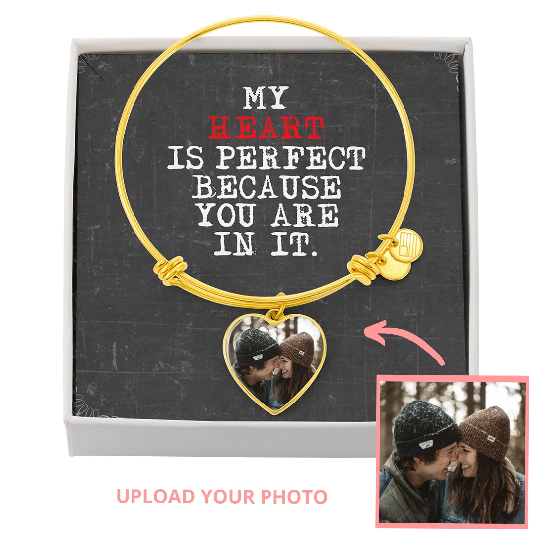 Personalized Photo Heart Pendant Bangle With Back Engraving Gift For Her - Bangle HeartM77
