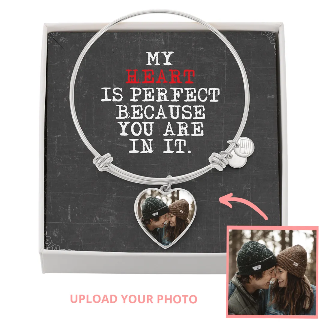 Personalized Photo Heart Pendant Bangle With Back Engraving Gift For Her - Bangle HeartM77