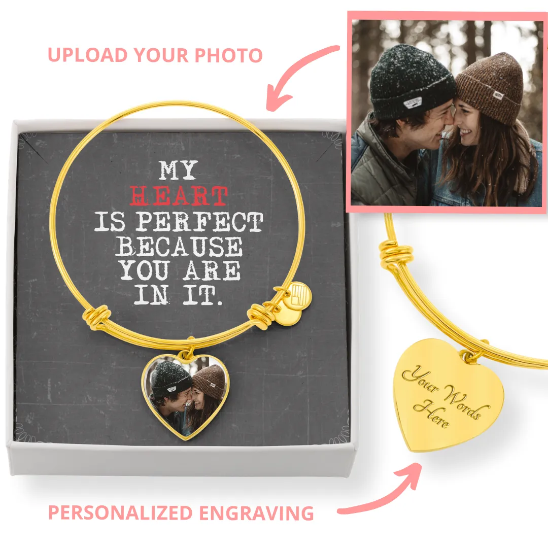 Personalized Photo Heart Pendant Bangle With Back Engraving Gift For Her - Bangle HeartM77