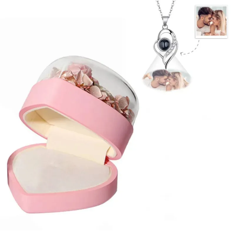 Personalized Rose Jewelry Heart Box With Projection Necklace
