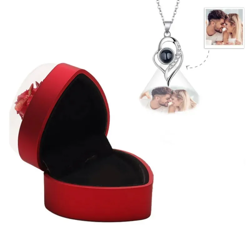 Personalized Rose Jewelry Heart Box With Projection Necklace