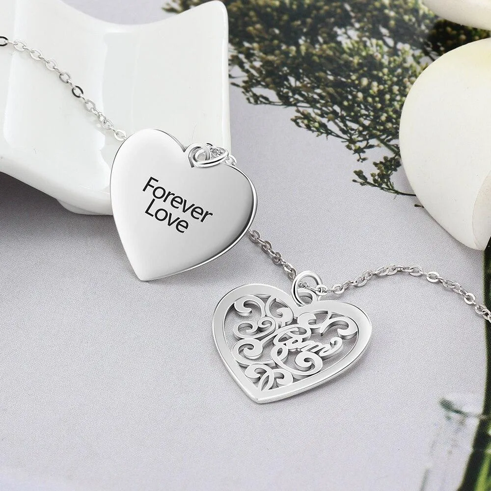 Personalized Silver Engraved Name Necklace with Double Layer Heart Pattern Pendant, Trendy Women's Jewelry, Gift for Mom