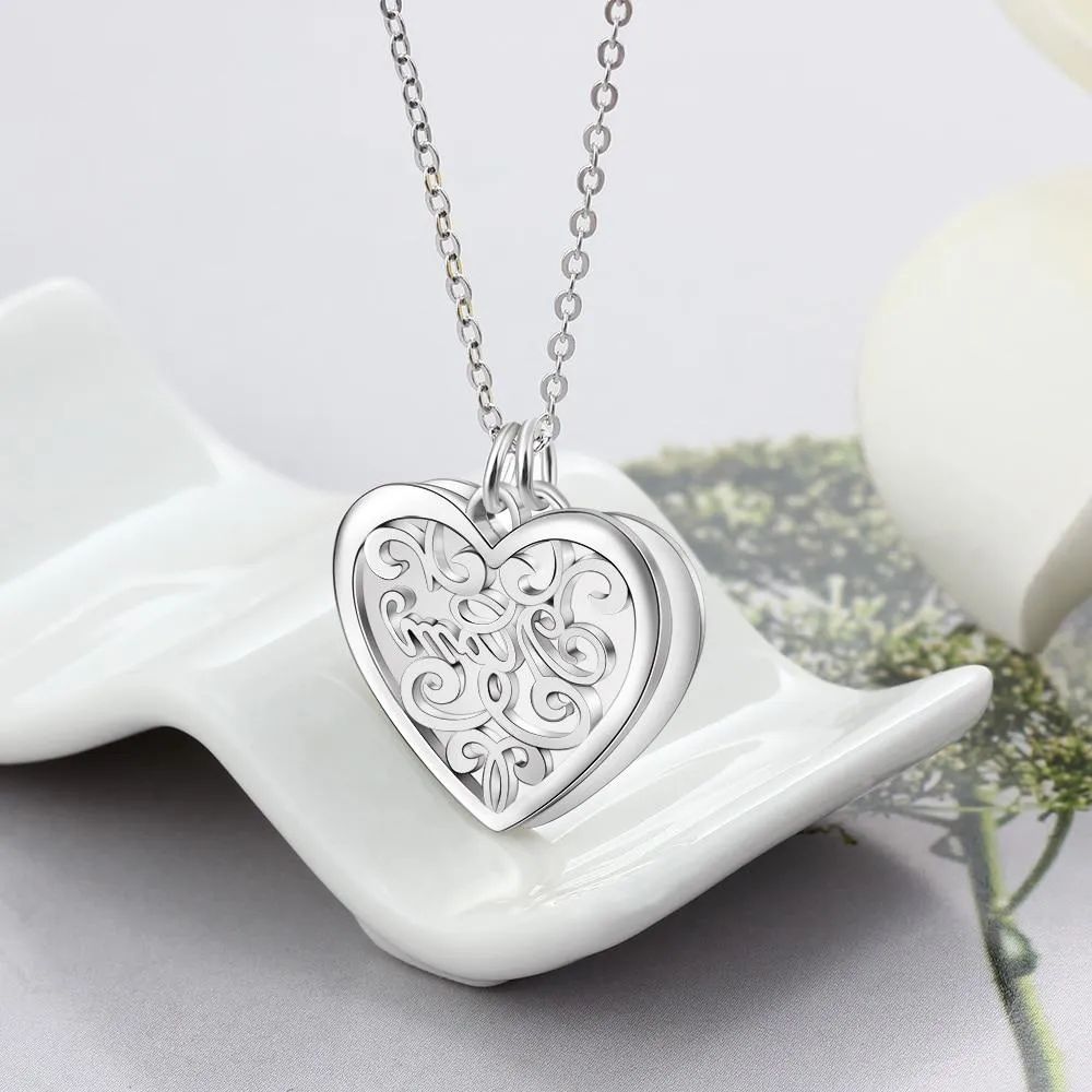 Personalized Silver Engraved Name Necklace with Double Layer Heart Pattern Pendant, Trendy Women's Jewelry, Gift for Mom
