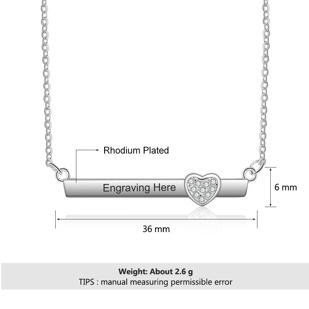 Personalized Silver Name Necklace with Strip with Heart CZ Stone Pendant, Trendy Love Jewelry for Women