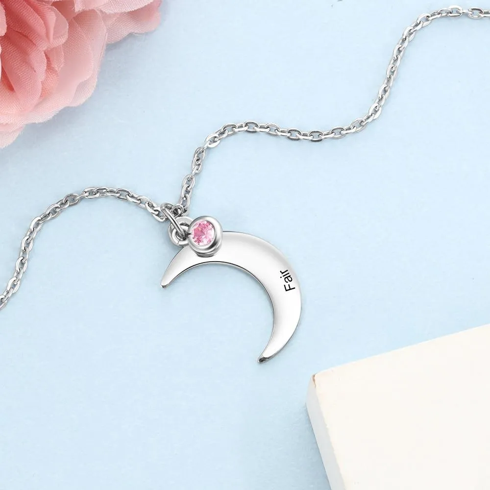 Personalized Stainless Steel Necklace with Customized Name & Moon Birthstone Pendant, Classic Women’s Party Jewelry