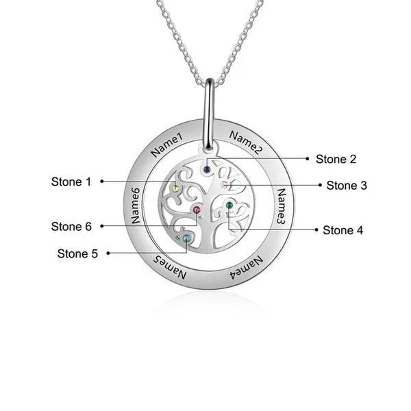 Personalized Stainless Steel Tree Of Life 6 Names & Birthstones Engraved Pendant Necklace, Fashion Jewelry Gift for Women