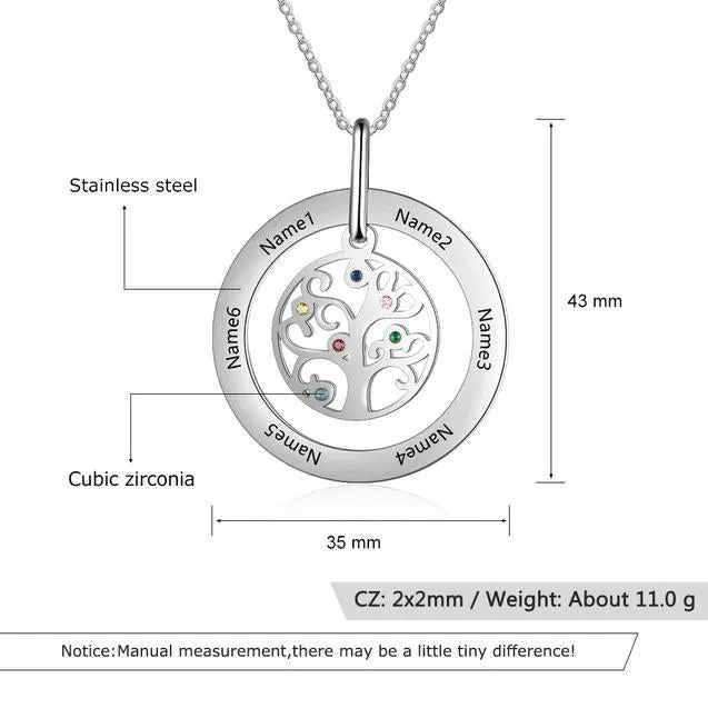 Personalized Stainless Steel Tree Of Life 6 Names & Birthstones Engraved Pendant Necklace, Fashion Jewelry Gift for Women