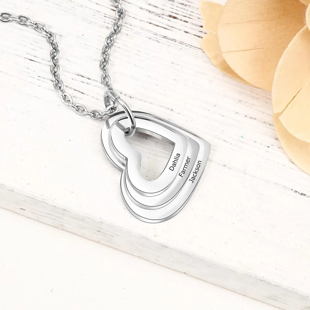 Personalized Stainless Steel Triple Heart 3 Names Engraved Necklace, Fashion Jewelry Gift for Women