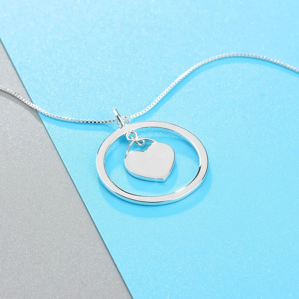 Personalized Women’s 925 Sterling Silver Name Engraved Necklace with Heart Designed Dangling Round Pendant, Trendy Jewelry Gift for Mom