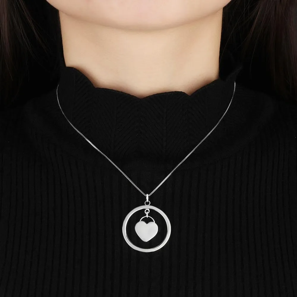 Personalized Women’s 925 Sterling Silver Name Engraved Necklace with Heart Designed Dangling Round Pendant, Trendy Jewelry Gift for Mom