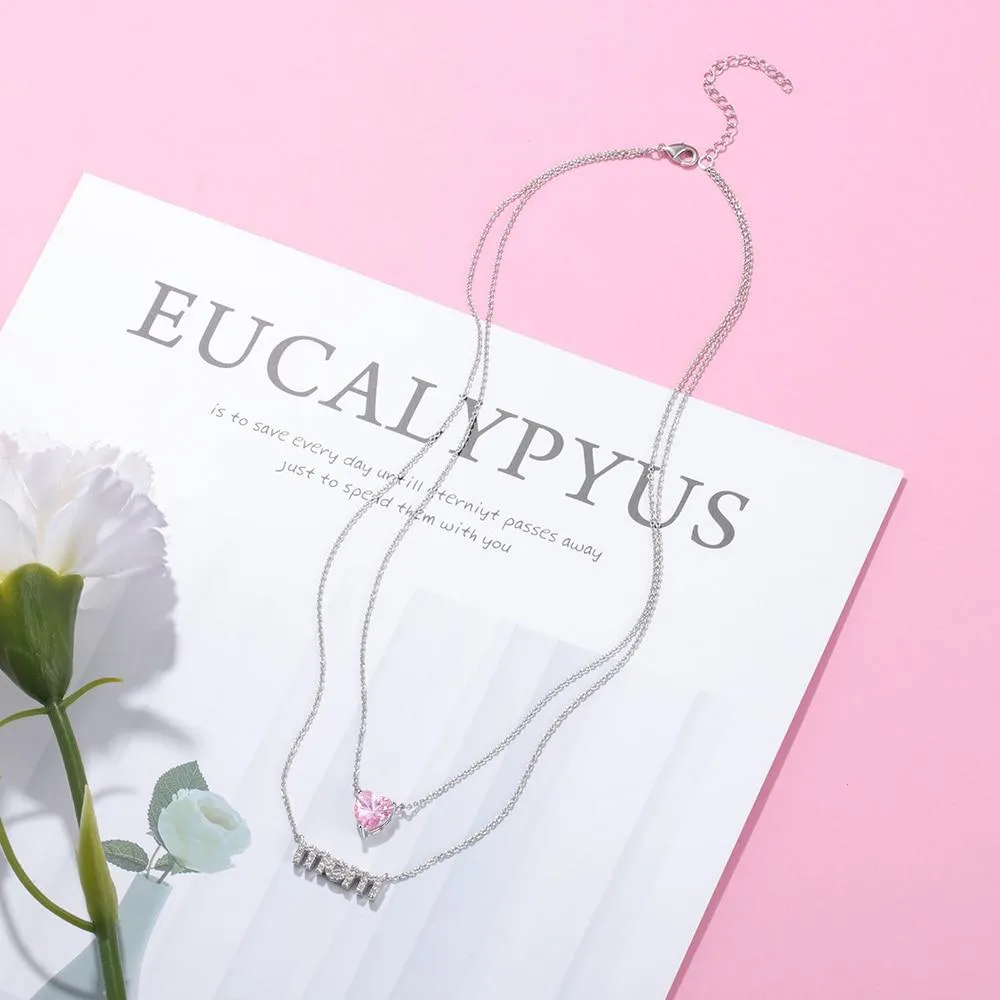 Personalized Women’s Copper Layered Necklace with Customize Cubic Zirconia Heart Birthstone Pendant, Fashion Jewelry Gift for Mother’s Day