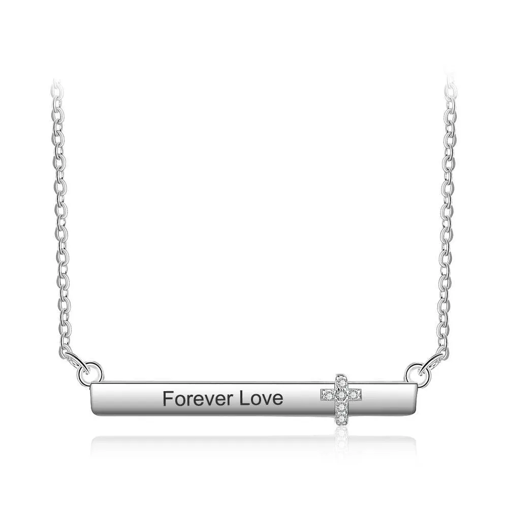 Personalized Women’s Silver Name Necklace with Strip Shape Pendant & Cross CZ Stone, Trendy Customizable Jewelry for Girls