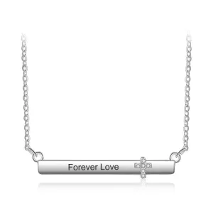 Personalized Women’s Silver Name Necklace with Strip Shape Pendant & Cross CZ Stone, Trendy Customizable Jewelry for Girls