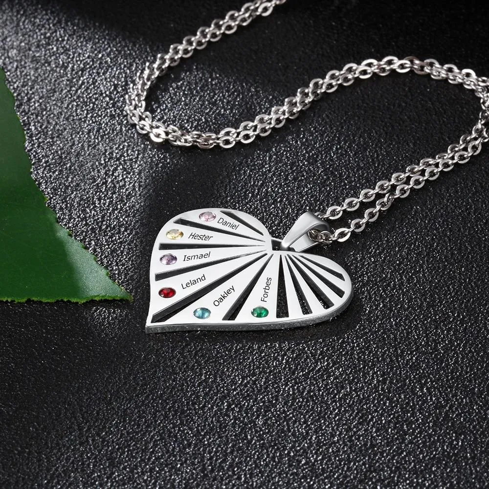 Personalized Women’s Stainless Steel Family Pendant Necklace with 6 Birthstones, Customized Heart Shaped Name Necklaces, Classic Jewelry Gift for Mom