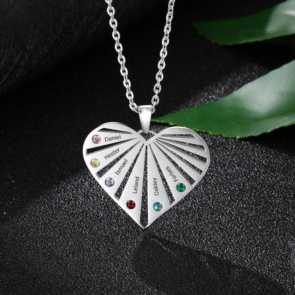Personalized Women’s Stainless Steel Family Pendant Necklace with 6 Birthstones, Customized Heart Shaped Name Necklaces, Classic Jewelry Gift for Mom
