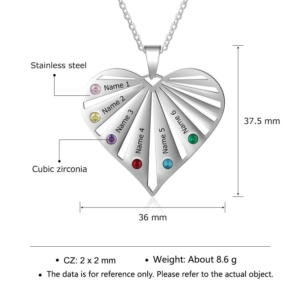 Personalized Women’s Stainless Steel Family Pendant Necklace with 6 Birthstones, Customized Heart Shaped Name Necklaces, Classic Jewelry Gift for Mom