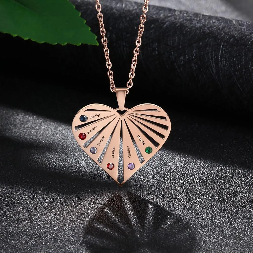 Personalized Women’s Stainless Steel Family Pendant Necklace with 6 Birthstones, Customized Heart Shaped Name Necklaces, Classic Jewelry Gift for Mom