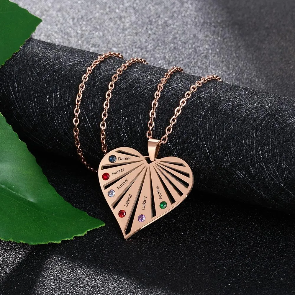 Personalized Women’s Stainless Steel Family Pendant Necklace with 6 Birthstones, Customized Heart Shaped Name Necklaces, Classic Jewelry Gift for Mom