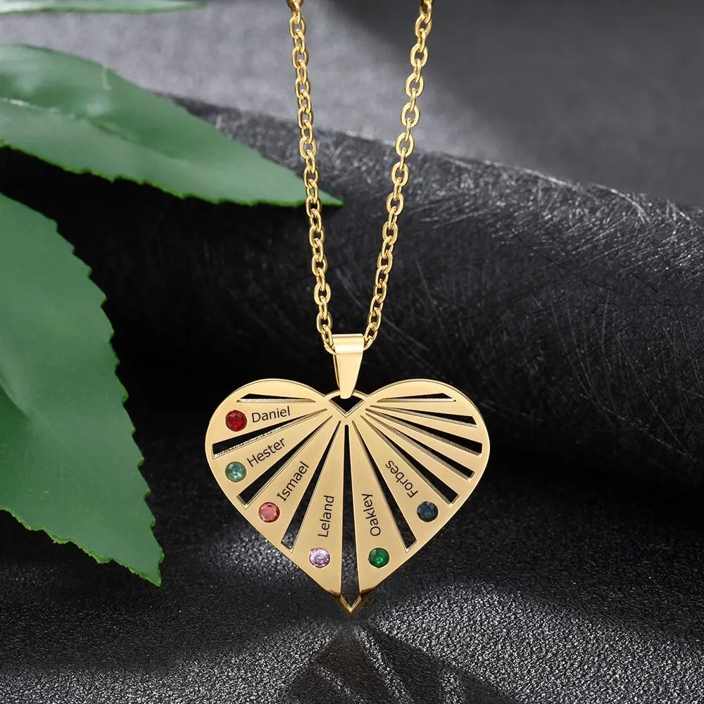 Personalized Women’s Stainless Steel Family Pendant Necklace with 6 Birthstones, Customized Heart Shaped Name Necklaces, Classic Jewelry Gift for Mom