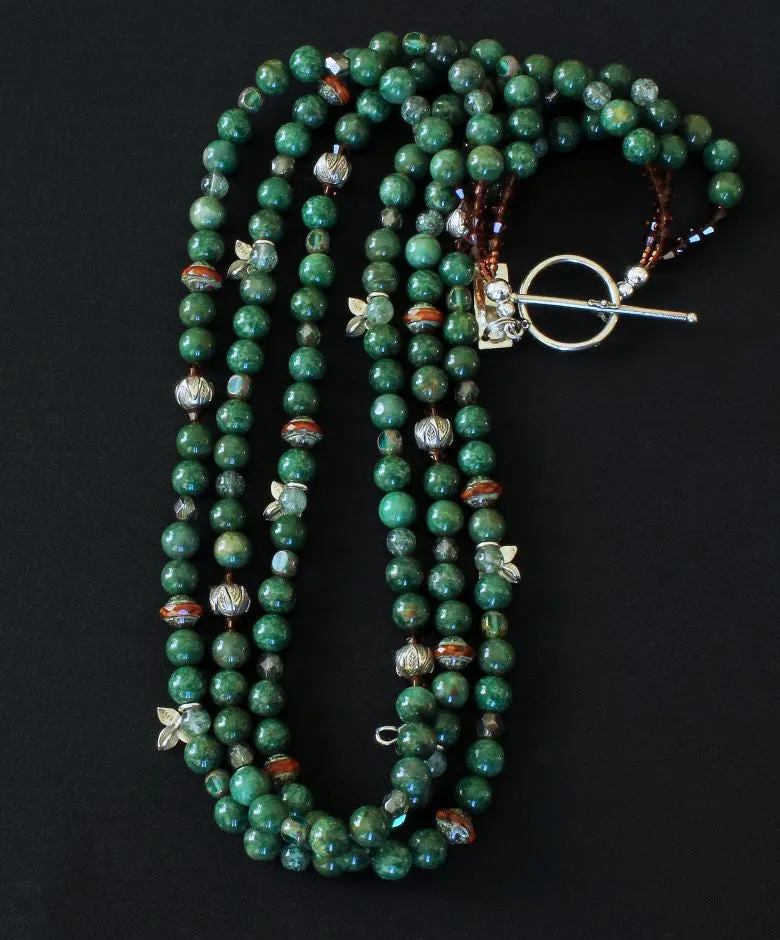 Peruvian Jade Rounds 3-Strand Necklace with Sterling Silver Leaf Charms & Stamped Rondelles, Rutilated Quartz, Czech Glass Picasso Coral Saucers, Swarovski Crystal & Fire Polished Glass, and Sterling Silver Toggle Clasp