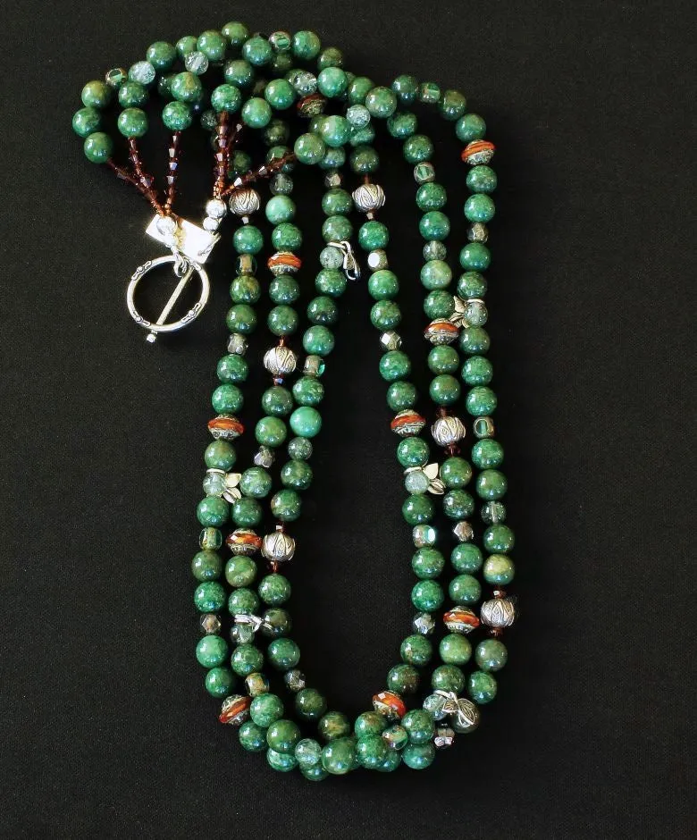 Peruvian Jade Rounds 3-Strand Necklace with Sterling Silver Leaf Charms & Stamped Rondelles, Rutilated Quartz, Czech Glass Picasso Coral Saucers, Swarovski Crystal & Fire Polished Glass, and Sterling Silver Toggle Clasp
