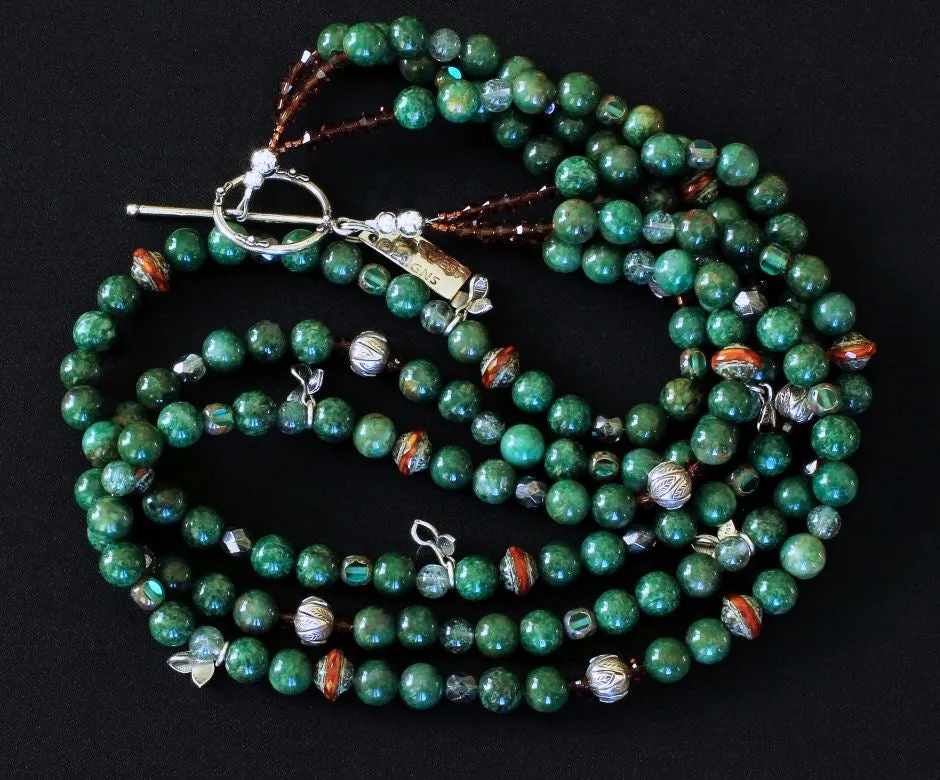 Peruvian Jade Rounds 3-Strand Necklace with Sterling Silver Leaf Charms & Stamped Rondelles, Rutilated Quartz, Czech Glass Picasso Coral Saucers, Swarovski Crystal & Fire Polished Glass, and Sterling Silver Toggle Clasp