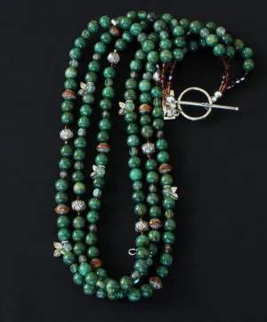 Peruvian Jade Rounds 3-Strand Necklace with Sterling Silver Leaf Charms & Stamped Rondelles, Rutilated Quartz, Czech Glass Picasso Coral Saucers, Swarovski Crystal & Fire Polished Glass, and Sterling Silver Toggle Clasp