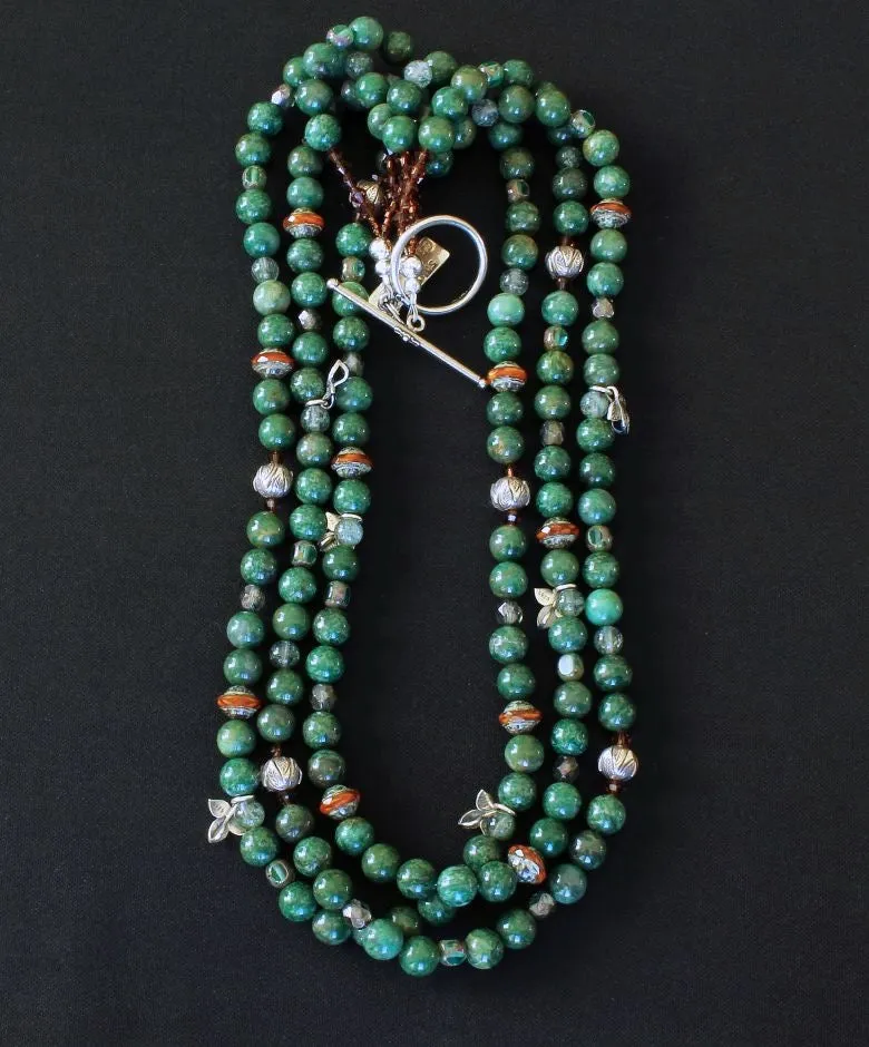 Peruvian Jade Rounds 3-Strand Necklace with Sterling Silver Leaf Charms & Stamped Rondelles, Rutilated Quartz, Czech Glass Picasso Coral Saucers, Swarovski Crystal & Fire Polished Glass, and Sterling Silver Toggle Clasp