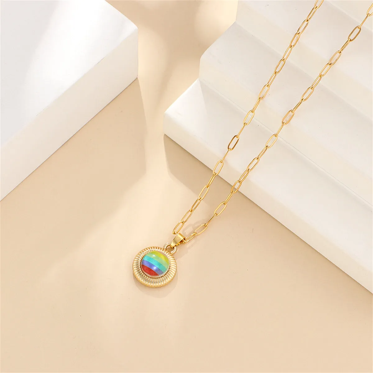 Pink Acrylic & 18K Gold-Plated Stripe Round Pendant Necklace