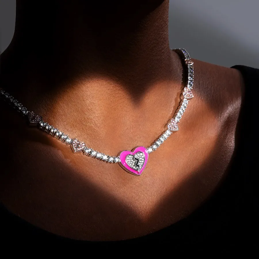 Pink Broken Heart Tennis Necklace - 3mm