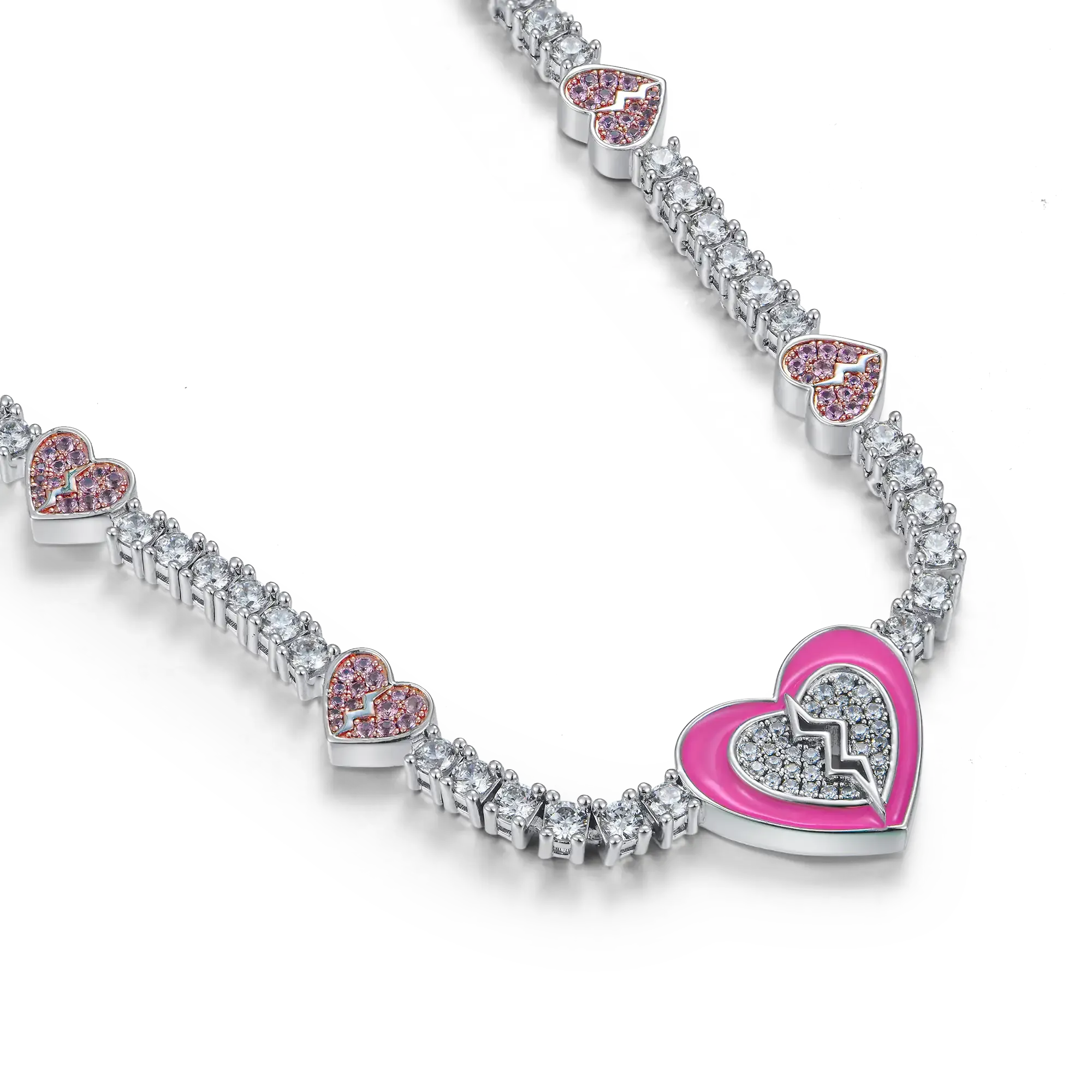 Pink Broken Heart Tennis Necklace - 3mm