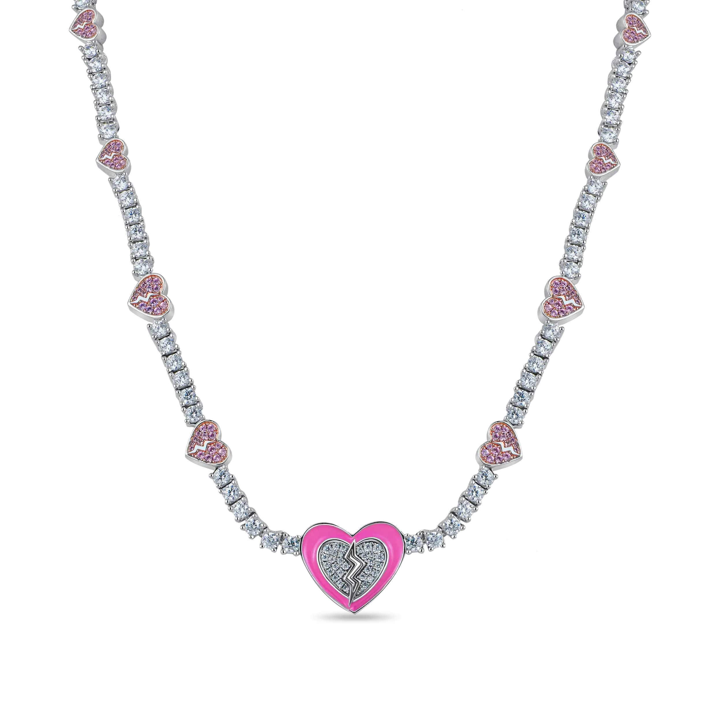 Pink Broken Heart Tennis Necklace - 3mm