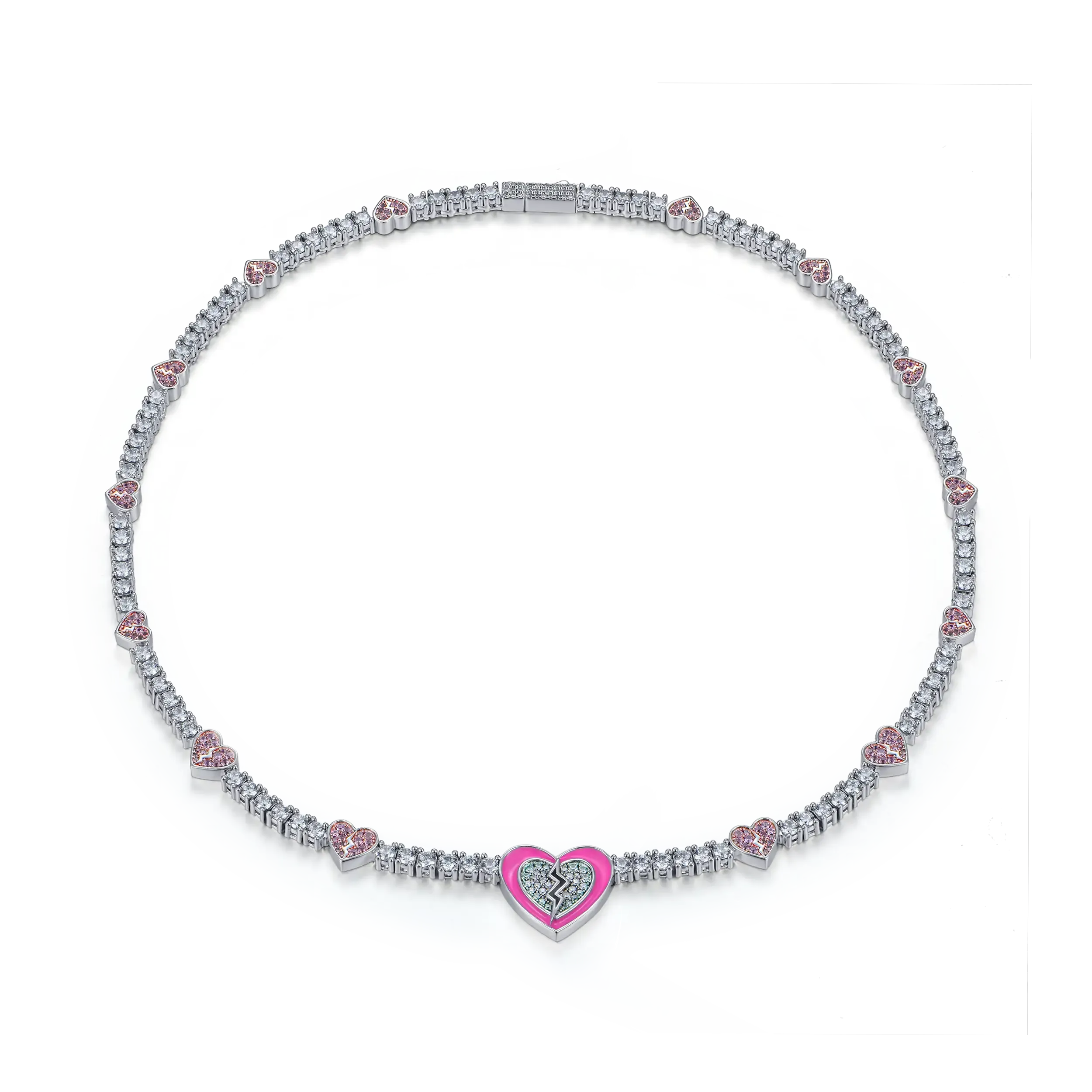 Pink Broken Heart Tennis Necklace - 3mm