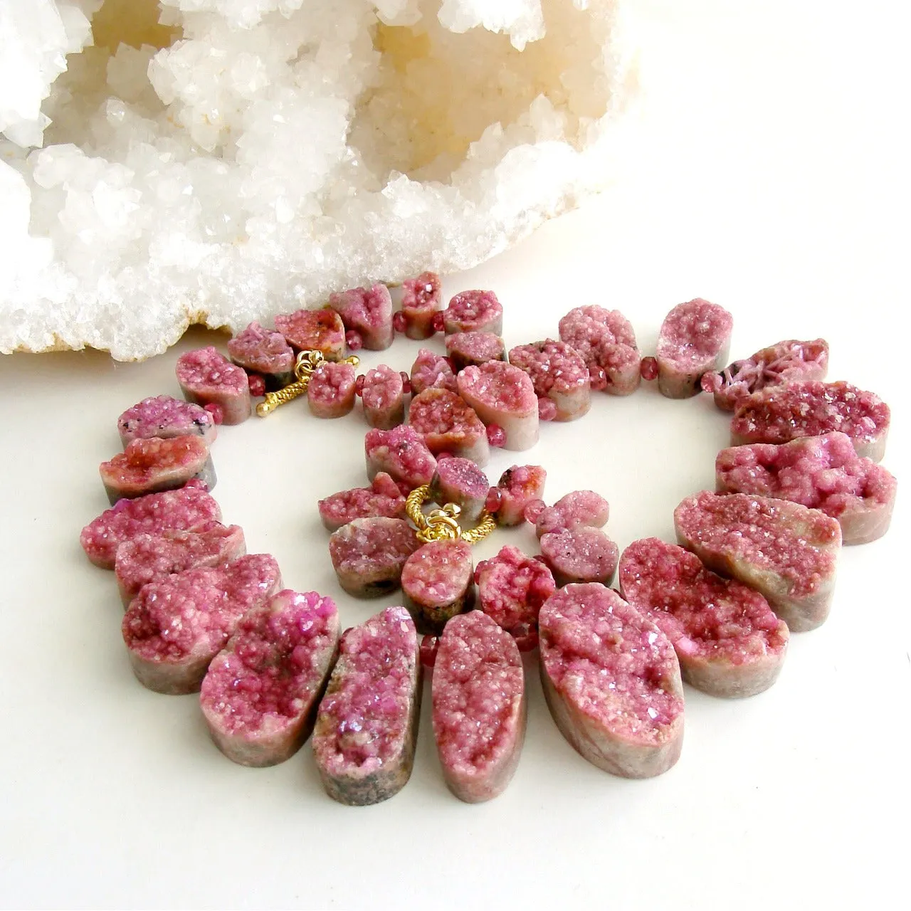Pink Cobalto Calcite Pink Sapphires Druzy Necklace - Cherie Necklace